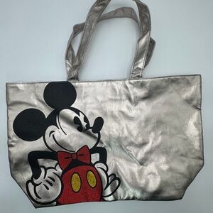 Mickey Mouse Silver Tote Bag Disney Faux Leather Shoulder Purse Large